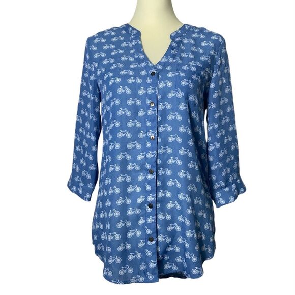 Bongo Bicycle Novelty Button Up Chiffon Blouse Blue & White Women's Size Medium - Picture 1 of 15